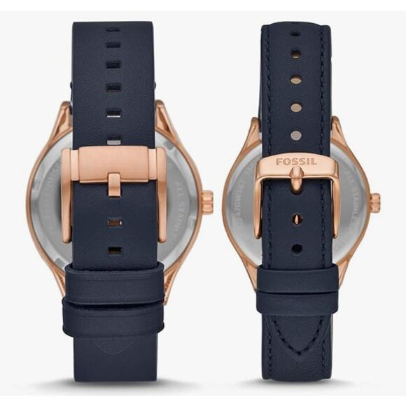 Fossil His and Her Wylie Three-Hand Navy Leather Watch Box Set BQ2470SET - Picture 4 of 9